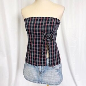 Women's Y2K style upcycled tube top red & blue plaid xs / small
